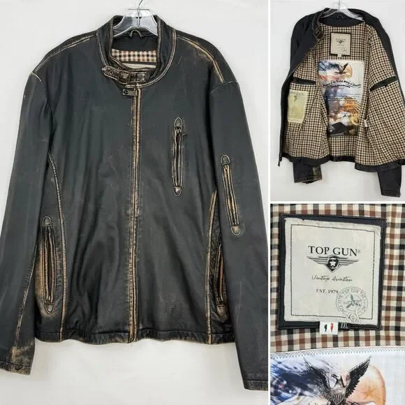 Top Gun Leather Jacket Mens XXL Distressed Moto Aviator Vintage Aviation - Picture 3 of 16